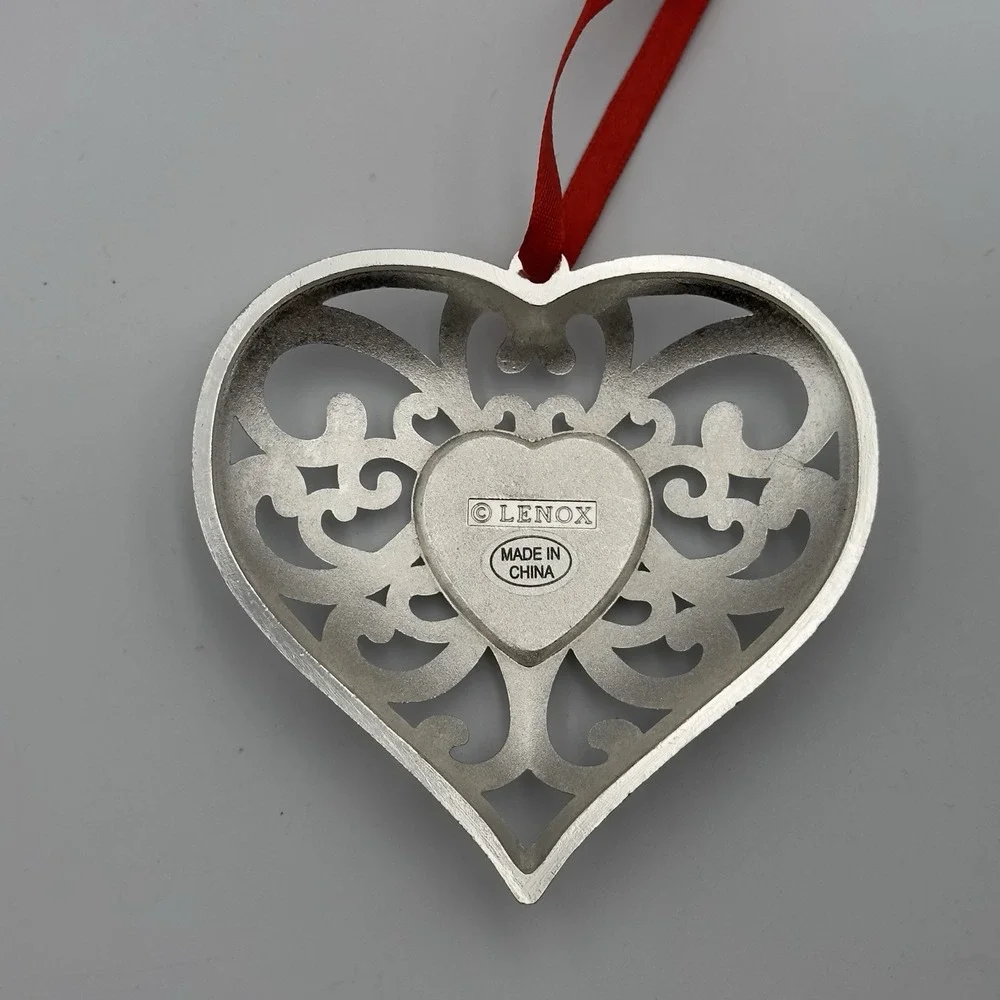 Lot Of 2 Large Lenox Silvertone Cross Heart Ornament Faceted‎ Clear Red Crystal